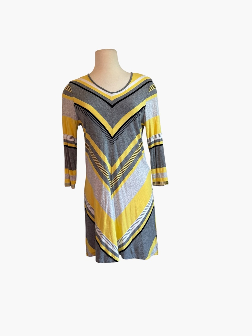Chico’s Zenergy Striped V-Neck Swing tunic in Yellow and Gray